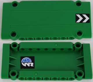 Lego Technic, Panel Plate 5 x 11 x 1 with Black and White Chevrons on Outside and Globe and White 'WR' World Racers Logo on Inside Left Pattern (Stickers) - Set 8864 / Green