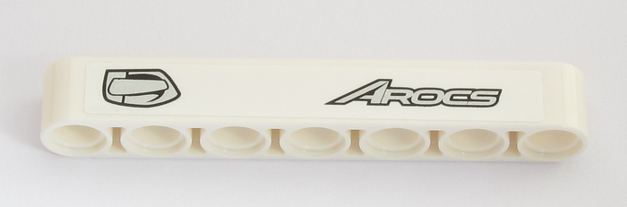 Lego Technic, Liftarm Thick 1 x 7 with Silver 'AROCS' and Silver Handle Pattern Model Right Side (Sticker) - Set 42043 / White