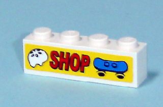 Lego Brick 1 x 4 with 'SHOP' with Skateboard and Helmet Pattern (Sticker) - Set 7641