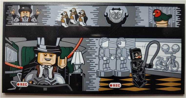 Lego Tile 8 x 16 with Bottom Tubes, Textured Surface with Screen with The Penguin and Catwoman Minifigures, 'JAM FREQUENCY' and 'REC' Pattern (Sticker) - Set 76252