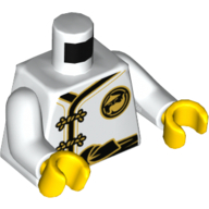 Lego Torso Robe with Gold Frog Clasps and Knotted Black Sash, Small Gold Emblem / Large on Back Print (Sensei Wu), White Arms, Yellow Hands / White