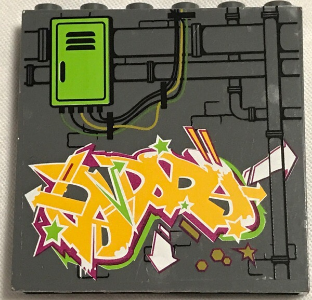 Lego Panel 1 x 6 x 5 with Pipes, Lime Door, and Lime, Light Orange and Magenta Graffiti on Brick Wall Pattern (Sticker) - Set 79117 / Dark Bluish Gray