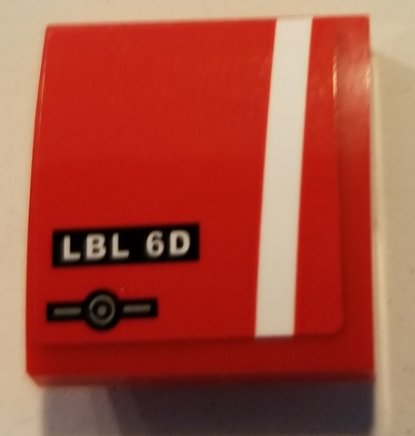 Lego Slope, Curved 2 x 2 x 2/3 with 'LBL 6D', Simplified MINI COOPER Logo and Angled White Stripe Pattern (Sticker) - Set 75894 / Red