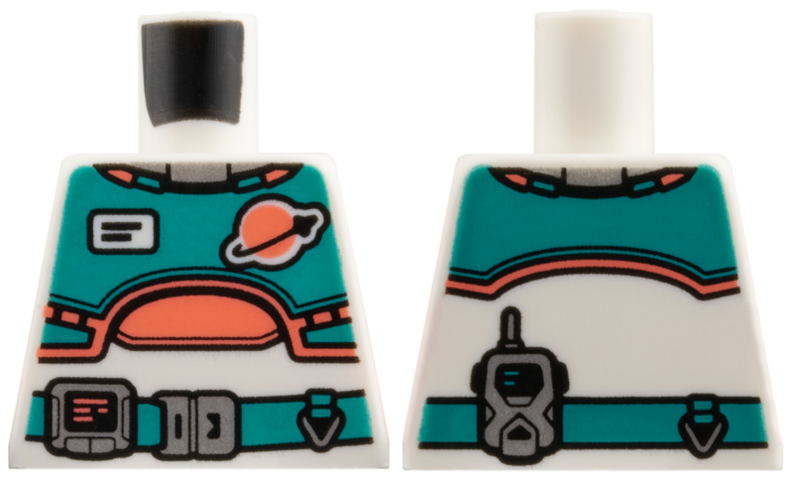 Lego Torso Spacesuit with Dark Turquoise Vest and Belt, Coral Classic Space Logo and Trim, Silver Buckle and Gadget Pattern / White