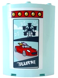 Lego Cylinder Quarter 4 x 4 x 6 with Red Strip of Lights, Sports Car, Dark Blue Ferris Wheel Silhouette and White Writing Pattern Model Left Side (Sticker) - Set 41448 / Light Aqua