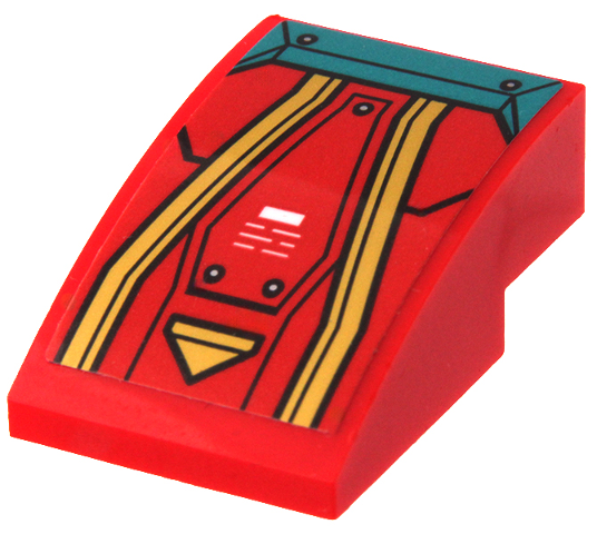 Lego Slope, Curved 3 x 2 with Dark Turquoise and Red Hull Plates, Gold Stripes and Rivets Pattern (Sticker) - Set 80012