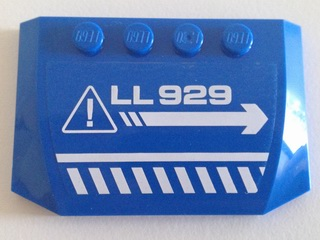 Lego Wedge 4 x 6 x 2/3 Triple Curved with White 'LL 929', Danger Stripes, Arrow and Exclamation Mark in Triangle Pattern Model Right (Sticker) - Set 70816 / Blue