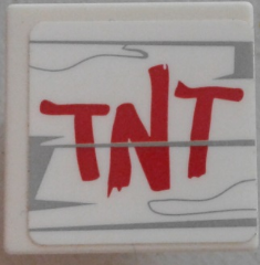Lego Road Sign 2 x 2 Square with Open O Clip with Red 'TNT' Over White and Gray Wood Grain Pattern (Sticker) - Set 75824
