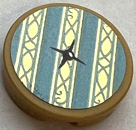 Lego Tile, Round 2 x 2 with Bottom Stud Holder with Cushion with Gold and Medium Azure Stripes and Black Button Pattern (Sticker) - Set 41161