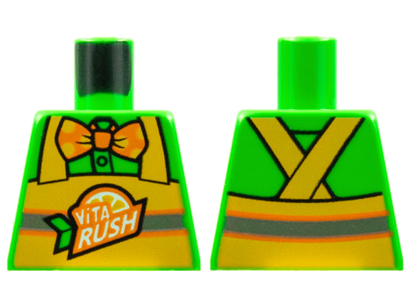 Lego Torso Button Up Shirt, Orange Bow Tie with Polka Dots, Yellow Apron with 'ViTA RUSH' Logo, Silver Stripe Pattern / Bright Green