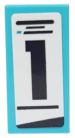 Lego Tile 1 x 2 with Black Lines and Number 1 on White Background Pattern Model Left Side (Sticker) - Set 76898 / Medium Azure