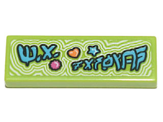 Lego Tile 1 x 3 with Ninjago Logogram 'M.A. FASHION', Dark Pink Flower, Orange Heart, and Medium Azure Star Clikits Icons Pattern (Sticker) - Set 71741 / Lime