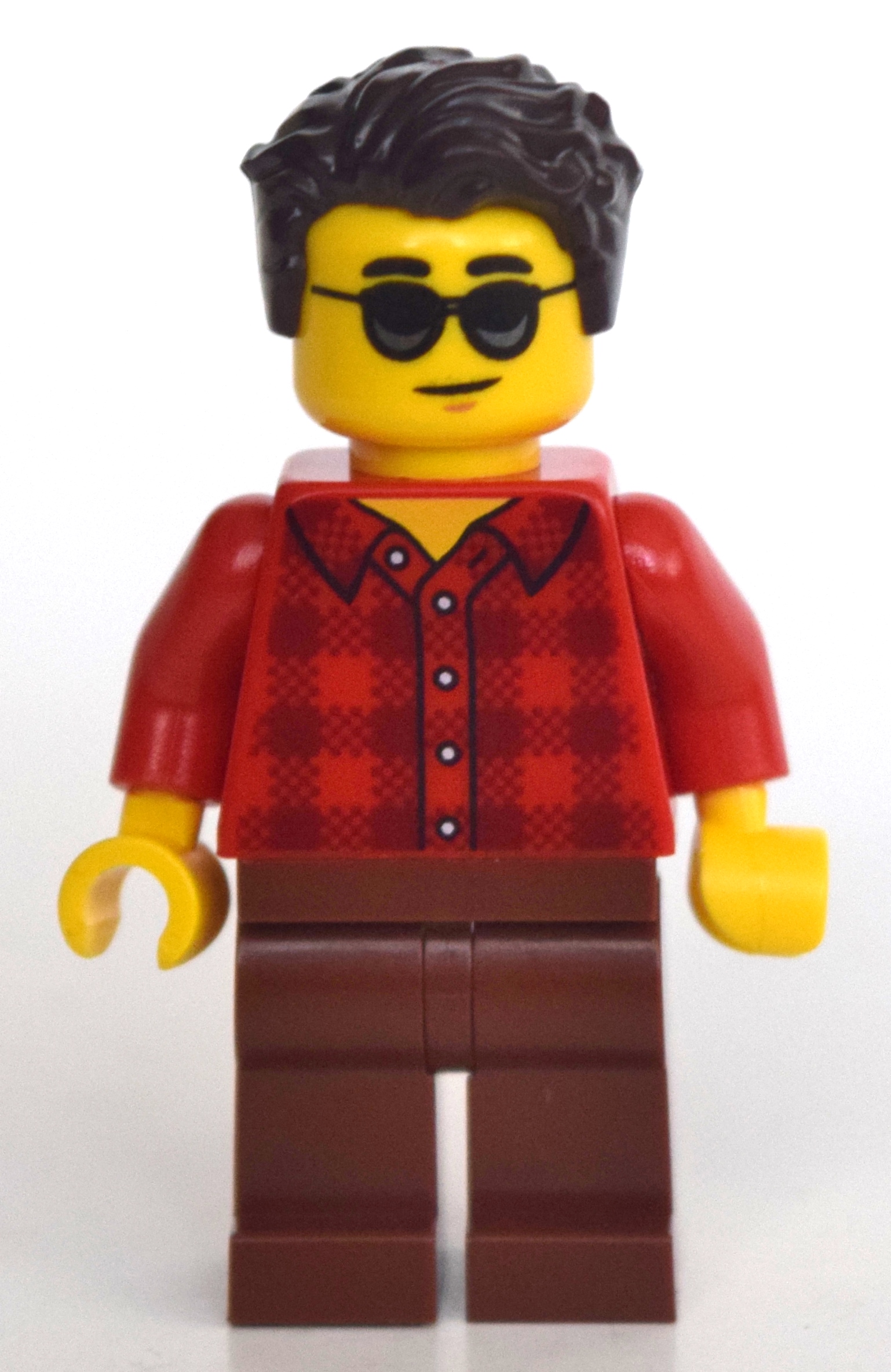 Lego Man, Red Plaid Shirt, Reddish Brown Legs, Sunglasses, Dark Brown Hair