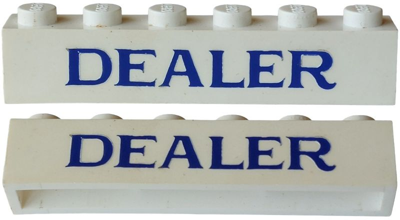 Lego Brick 1 x 6 without Bottom Tubes with Cross Side Supports with Blue 'DEALER' Serif Pattern