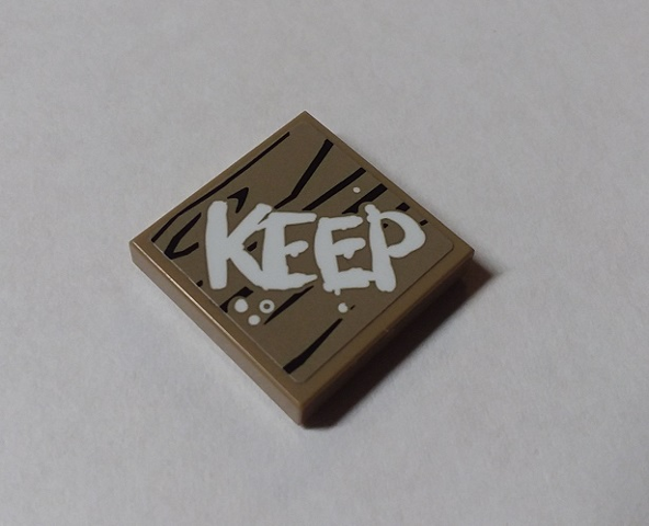 Lego Tile 2 x 2 with White 'KEEP' on Wood Grain Background Pattern (Sticker) - Set 70640 / Dark Tan