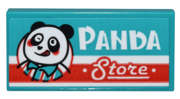 Lego Tile 2 x 4 with Panda Wearing Striped Shirt, Red Stripe, and White 'PANDA Store' Pattern (Sticker) - Set 80036