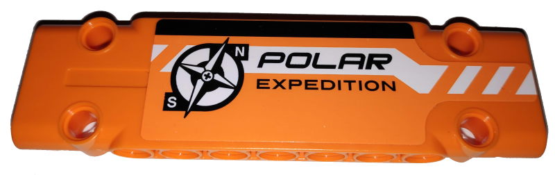 Lego Technic, Panel Plate 3 x 11 x 1 with Black and White Stripes Partially Dotted, 'POLAR EXPEDITION' and Compass Logo on Orange Background Pattern Model Left Side (Sticker) - Set 42038 / Orange