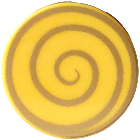 Lego Tile, Round 2 x 2 with Bottom Stud Holder with Gold Spiral Swirl Pattern / Yellow