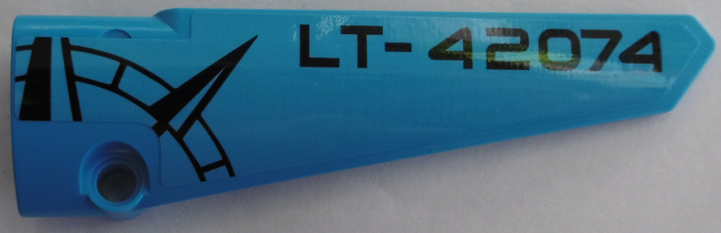 Lego Technic, Panel Fairing # 6 Long Smooth, Side B with Black 'LT-42074' and Compass Point on Dark Azure Background Pattern (Sticker) - Set 42074