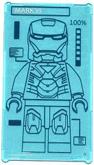 Lego Glass for Window 1 x 4 x 6 with 'MARK VI', '100%', and Iron Man Suit on Screen Pattern (Sticker) - Set 76007 / Trans-Light Blue