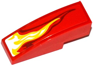 Lego Slope, Curved 3 x 1 with White, Yellow and Dark Red Flame Pattern Model Left Side (Sticker) - Set 70727 / Red