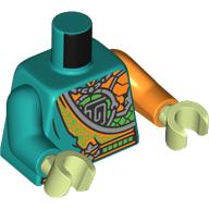Lego Torso, Odd Arms, Toga, Lavender Trim, Orange Plate Scales, Lavender Snake/Sign print, Left Orange Arm, Right Dark Turquoise Arm, Yellowish Green Hands / Dark Turquoise