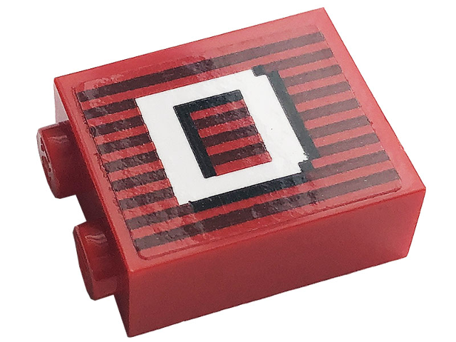Lego Brick 1 x 2 x 2 with Inside Stud Holder with Gray Stripes and White Capital Letter D Pattern Model Left Side (Sticker) - Set 10272