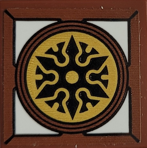 Lego Tile 2 x 2 with Black Shuriken Throwing Star on Gold Background in Frame with White Corners Pattern (Sticker) - Set 71767