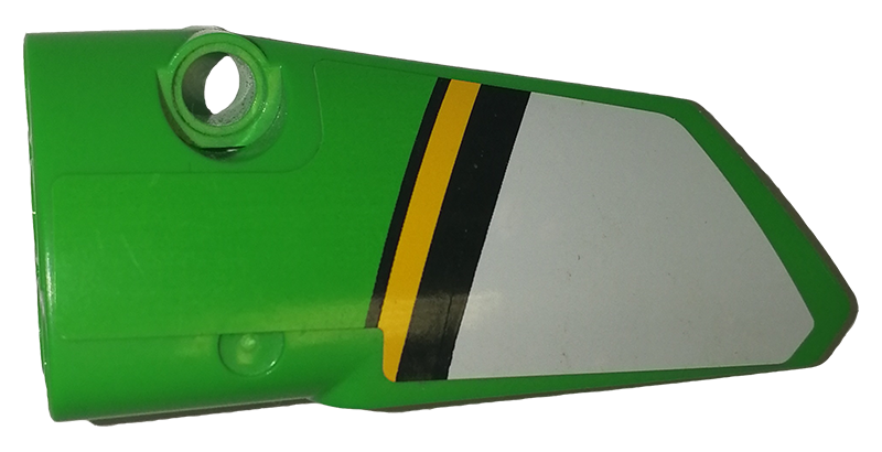 Lego Technic, Panel Fairing # 3 Small Smooth Long, Side A with White, Black and Yellow Stripes Pattern (Sticker) - Set 42039 / Bright Green