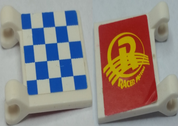 Lego Flag 2 x 2 Square with Flat Edge with Checkered Blue Pattern and Yellow 'RACER MOTORS' on Red Background Pattern (Stickers) - Set 8161