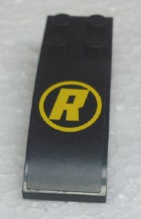 Lego Slope, Curved 6 x 2 with Yellow 'R' in Yellow Circle Pattern (Sticker) - Set 8161 / Black