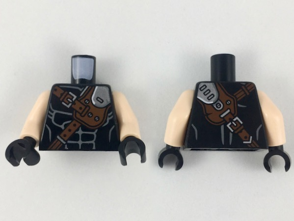 Lego Torso Reddish Brown and Silver Crossbelt Pattern / Light Nougat Arms / Black Hands