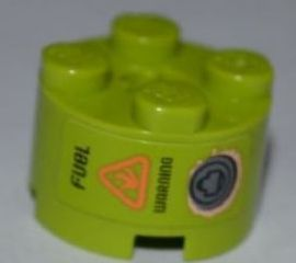 Lego Brick, Round 2 x 2 with Axle Hole with 'FUEL WARNING' and Rusted Filler Cap Pattern (Sticker) - Set 8707 / Lime