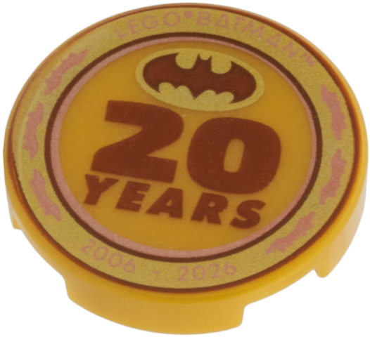 Lego Tile, Round 2 x 2 with Bottom Stud Holder with Copper 'LEGO BATMAN 2006 - 2026', Dark Orange '20 Years', Bat Symbol, Gold and Copper Border Pattern / Pearl Gold