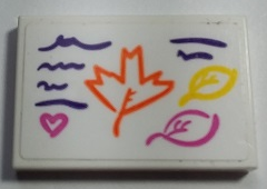 Lego Tile 2 x 3 with Orange Leaf, Yellow Leaf, Dark Pink Leaf and Heart, Dark Purple Lines Pattern (Sticker) - Set 41169