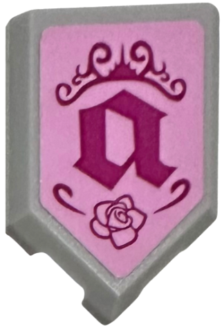 Lego Tile, Modified 2 x 3 Pentagonal with Magenta Lowercase Letter a, Castle, Scrollwork and Rose on Bright Pink Background Pattern (Sticker) - Set 41152