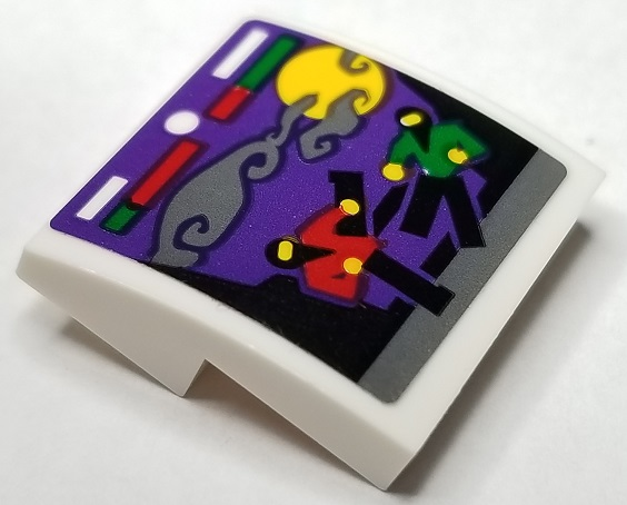Lego Slope, Curved 2 x 2 x 2/3 with Purple Arcade Video Game Screen with Ninjas Fighting, Moon and Clouds Pattern (Sticker) - Set 70677