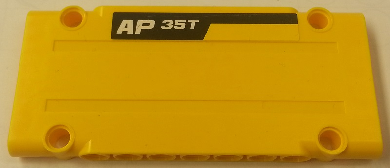 Lego Technic, Panel Plate 5 x 11 x 1 with 'AP 35T' on Black Stripe on Yellow Background Pattern Model Left Side (Sticker) - Set 8264