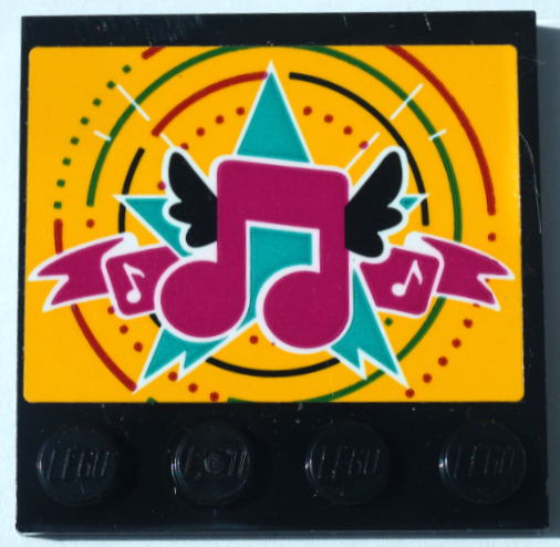 Lego Tile, Modified 4 x 4 with Studs on Edge with Magenta Music Notes with Black Wings and Dark Turquoise Star on Bright Light Orange Background Pattern (Sticker) - Set 41368