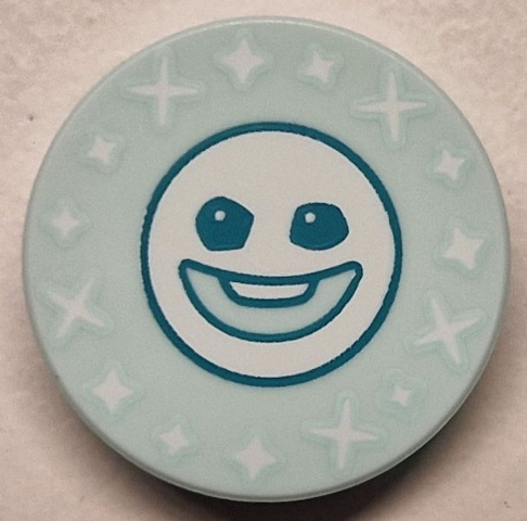 Lego Tile, Round 2 x 2 with Bottom Stud Holder with Dark Turquoise Snowgie Face and White Sparkles Pattern