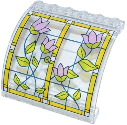 Lego Panel 6 x 5 x 3 1/3 Curved Top with Stained Glass, Bright Light Orange Frame, Bright Pink Flowers and Lime Leaves Pattern Model Left Side (Sticker) - Set 42671 / Trans-Clear