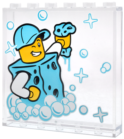 Lego Panel 1 x 6 x 5 with Car Wash Minifigure with Costume, Medium Azure Hat, White Soap Bubbles and Sparkles Pattern / Trans-Clear