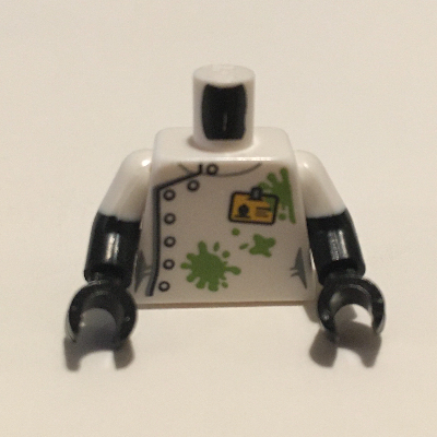 Lego Torso, Dual Molded Arms, Lab Coat, Badge, Lime Smudges, Back Lining Print, White Sleeves Pattern, Black Arms and Hands