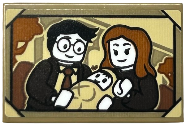 Lego Tile 2 x 3 with James and Lily Potter with Baby Harry Minifigures Portrait, Dark Tan and Tan Frame Pattern (Sticker) - Set 76425
