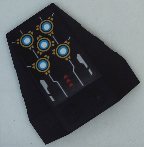 Lego Wedge 4 x 4 Triple with Stud Notches with Red Triangles and Gold Armor with Medium Azure Lights Pattern Model Right Side (Sticker) - Set 71765 / Black