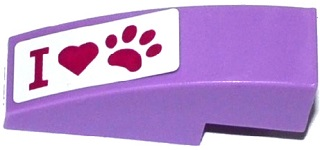 Lego Slope, Curved 3 x 1 with 'I', Heart and Paw Print Pattern (Sticker) - Set 41091 / Medium Lavender
