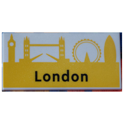 Lego Tile 2 x 4 with 'London' and Yellow Landmarks Print / White
