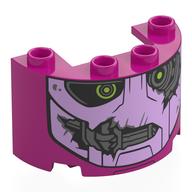 Lego Cylinder Half 2 x 4 x 2 with 1 x 2 Cutout with Lavender Sentinel Face, Lime Eyes, Damaged Print / Magenta