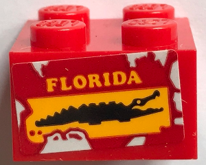 Lego Brick 2 x 2 with Yellow 'FLORIDA' and Black Crocodile on Red Background Pattern (Sticker) - Set 70907