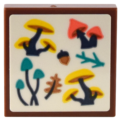 Lego Tile 2 x 2 with Yellow, Coral, and Dark Turquoise Mushrooms, Twigs, and Acorn Pattern (Sticker) - Set 41732